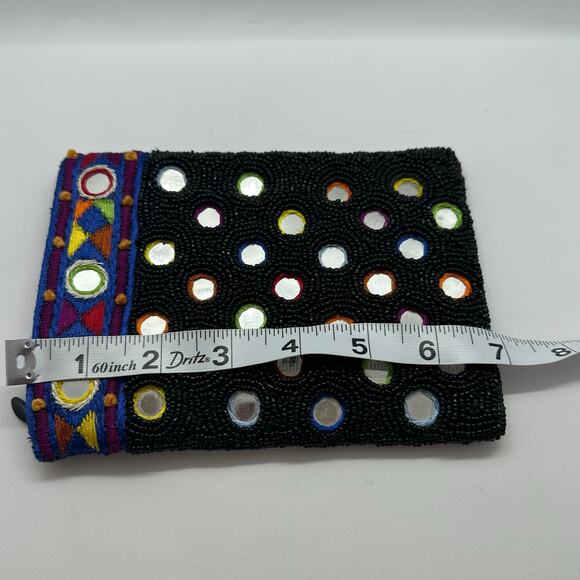 Vintage Cache Beaded Coin Purse Lined Zipper Pouch Black Aztec Print Mirrors - Picture 8 of 8